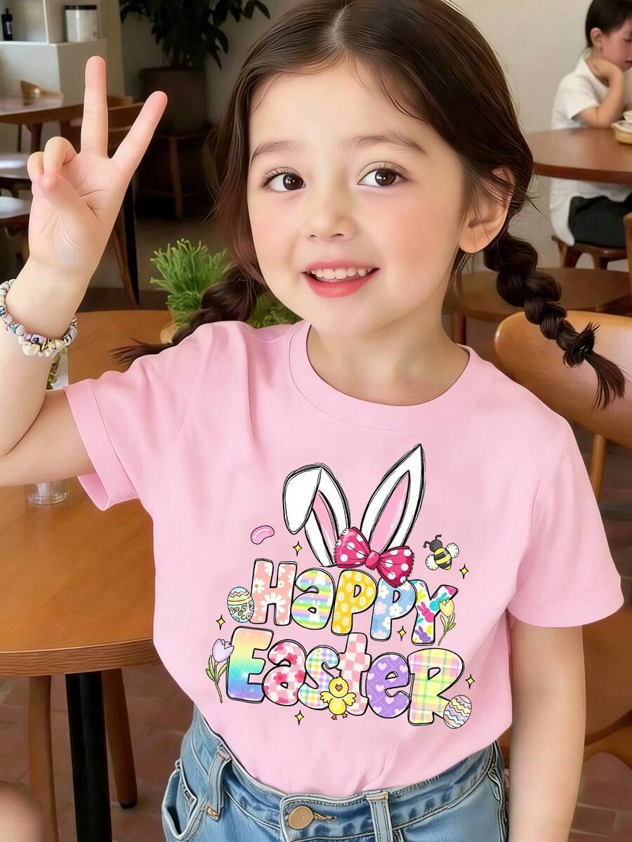SHEIN Tee-shirt court décontracté pour jeunes filles, style printemps et été, créatif et personnalisé, frais et mignon, avec motifs kawaii comme oreilles de lapin, pois, nœud, abeille, étoile, fleur, cœur, dégradé, carreaux, floral, œuf. Tenue confortable, convient pour l'ambiance des vacances de Pâques pour les filles.