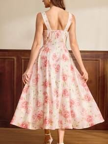 Vintamour Vintage Classic Elegant Women's Dress, Spring/Summer Fitted Floral Print Dress, Suspender Dress, Pink Umbrella Hem Dress,Pink Dress - Pink - View 2