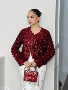 Melissa Matos 女士亮片系带派对衬衫，秋季闪亮上衣 - 酒紅色 - 查看 4