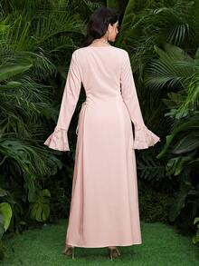 Al Najma Jacquard Splice Tie-Up Design Waist Cinching Round Neck Flare Sleeve Elegant Party Dress - Pink - View 4