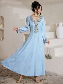 Al Najma Embroidered Lace Patchwork Elegant Modest Long Sleeve Dress - Blue - View 1
