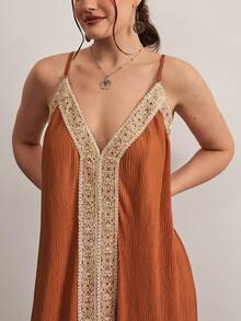 Freevana Đầm hai dây màu đỏ rượu vang phong cách Bohemian, đầm rộng rãi, bồng bềnh, cổ chữ V, phối ren móc, có dây rút, thích hợp cho kỳ nghỉ hè. - Gỗ đỏ - Xem 6