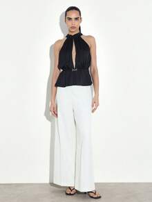 KSTM 女士露背吊带荷叶边上衣，正面镂空设计，金色腰带点缀，优雅晚装上衣 - 杏色 - 查看 3