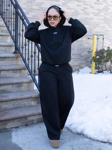 Melissa Matos 女式黑色休闲宽松连帽衫和运动裤两件套，保暖内衬，秋冬 - 黑色 - 查看 6