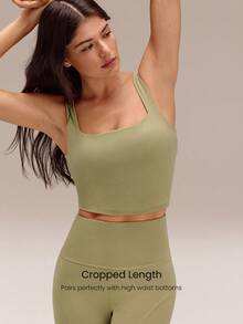 GLOWMODE FeatherFit™ Ribbed Flex Soft Square Neck Sports Bra Low Impact Yoga Pilates Studio Daily Casual Wear Removable Cups Fall Winter - Olive Green - View 3