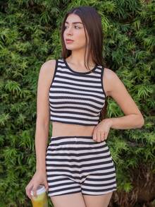 Andrea Bello 2 件套女士度假红白针织纹理提花抹胸上衣，配蝴蝶结和松紧腰短裤 - 黑與白 - 查看 5