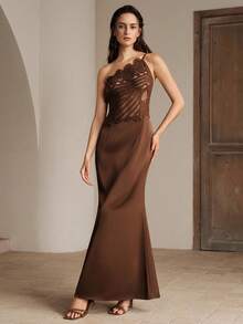 Anewsta Elegant Sexy Knit Patchwork One-Shoulder Fishtail Dress - Coffee - View 6