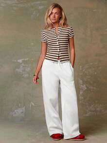 Athîral Women's Striped Short Sleeve Single-Breasted Casual Top - Multicolor - View 4