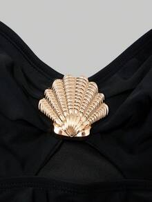 Swim Oasis Women's Black Elegant Ruched One-Piece Swimsuit With Coverup,Summer Beach Holiday Bathing Suit Set,Solid Color Metal Decor Boho Vacation Outfits,2026 - Black - View 8