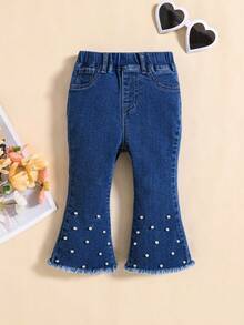 SHEIN Baby Girl White Pearl Embellished Blue Denim Flare Jeans - Dark Wash - View 3