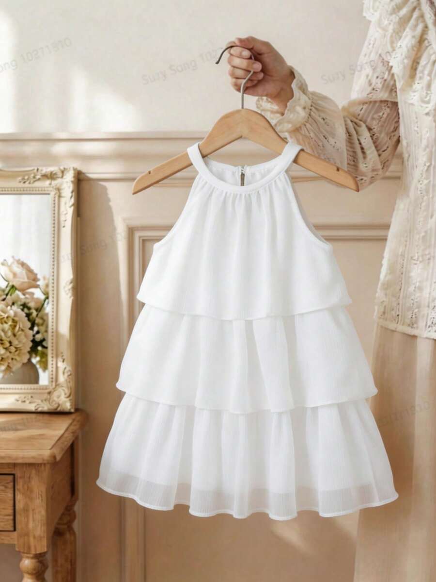 SHEIN 夏季女童无袖雪纺蛋糕裙，纯白色，甜美优雅，适合派对、宴会、婚礼、度假等场合。 - 白色 - 查看 1