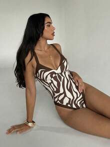 Aloruh 女士新款春夏连体泳衣，撞色设计，斑马纹印花，优雅性感沙滩度假泳装 - 彩色 - 查看 10