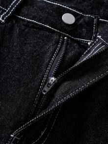 Manfinity Joysei 休闲宽松阔腿牛仔裤，后袋饰有星星和字母刺绣图案 - 黑色 - 查看 4