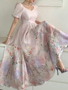 DAZY 法式碎花茶歇裙，花瓣袖温柔公主风连衣裙，女士夏季防晒连衣裙 - 粉色 - 查看 4