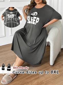 SHEIN CURVE+ 加大码舒适熊猫印花圆领休闲睡裙，夏季 - 灰色 - 查看 11