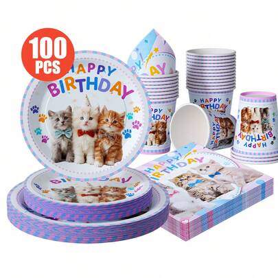 誕生日おめでとう かわいい猫! 使い捨て プレート、ナプキン、カップ、使い捨てパーティー用品セット、25人用。使い捨て ペーパープレートとパーティー用食器は、誕生日、結婚式、テーマパーティー、家族のピクニックに最適です。