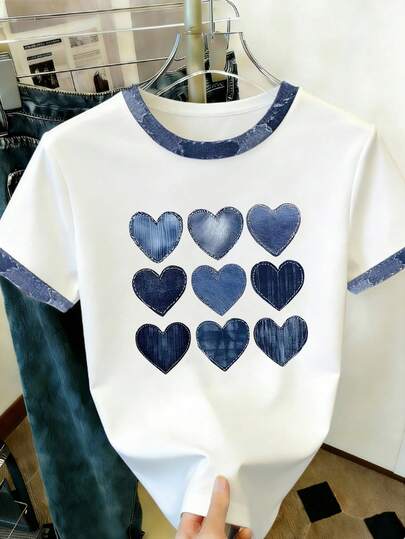 EMERY ROSE Heart Retro Printed Patchwork Pattern Round Neck Short Sleeve Plus Size T-Shirt, Summer
