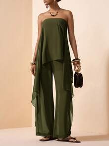 Zivah 2026春夏新款音乐节、复活节、圣帕特里克节、情人节、约会、西部风、游牧风、生日派对、毕业典礼、学院风、学生装、日常穿着、百搭基础款、休闲装、度假、邮轮旅行、海滩、日光浴、热门单品、街头风、婚礼宾客波西米亚风、通勤、早午餐、机场、派对、假日郊游、办公室穿着雪纺荷叶边无袖上衣和裤子棕色套装两件套飘逸两件套无肩带上衣和裤子女士裤装套装工作服 - 軍綠色 - 查看 8