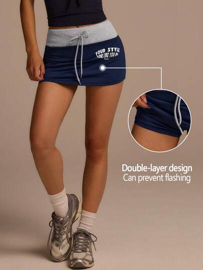 Fluxe Women's Letter Print Drawstring Waist Casual Versatile Daily & Sports Mini Skirt