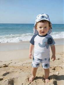 3件套男婴夏季防晒衣套装，恐龙印花，含防晒帽 - 彩色 - 查看 3