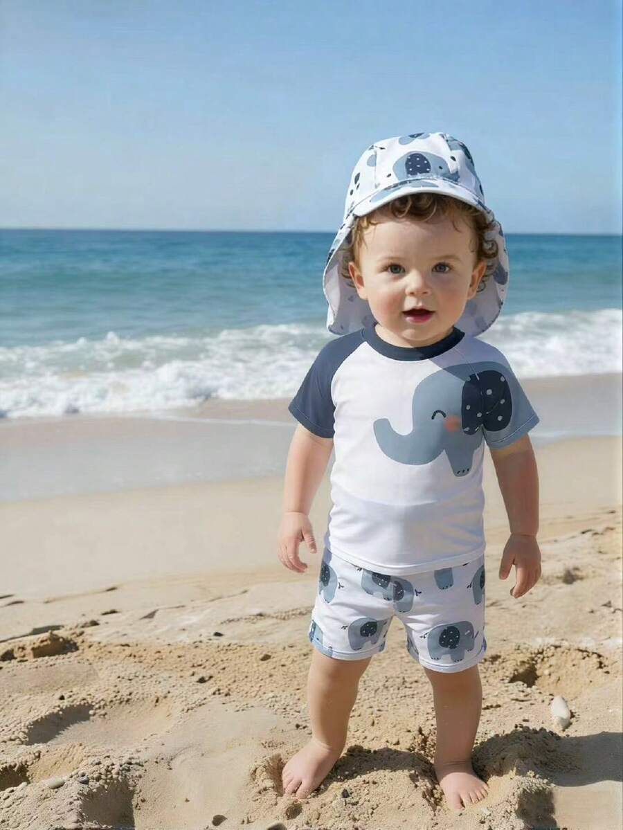 Set de 3 piezas de protección solar para bebé niño de verano, con estampado de dinosaurios y gorro con protección solar - Multicolor - Ver 1