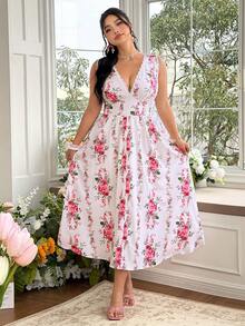FleurLily Đầm không tay in hoa thanh lịch cỡ lớn, thích hợp cho mùa hè. - Nhiều màu - Xem 3