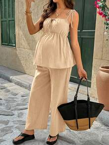 SHEIN 孕妇休闲纯色吊带背心和裤子两件套 - 卡其色 - 查看 4