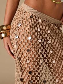 SHEIN BAE Chân váy cạp cao ôm sát, đính cườm cầu kỳ, gợi cảm, đa năng cho kỳ nghỉ và các sự kiện trang trọng. - Vàng - Xem 8