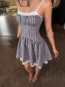 Rina Fox 2026 女士复古美式条纹吊带迷你连衣裙，性感收腰 - 灰色 - 查看 1