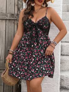 SHEIN VCAY 大码夏季休闲碎花系带连衣裙 - 彩色 - 查看 1