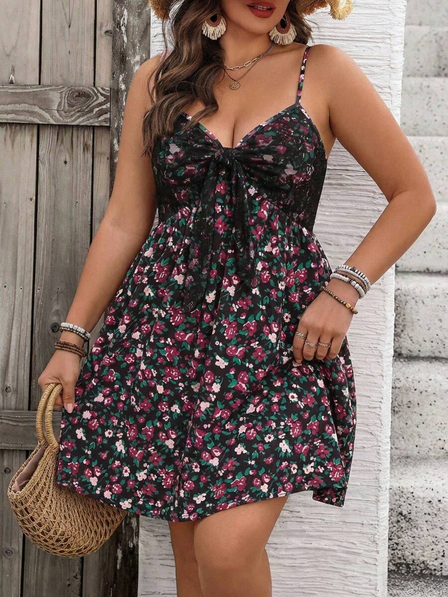 SHEIN VCAY 大码夏季休闲碎花系带连衣裙 - 彩色 - 查看 1