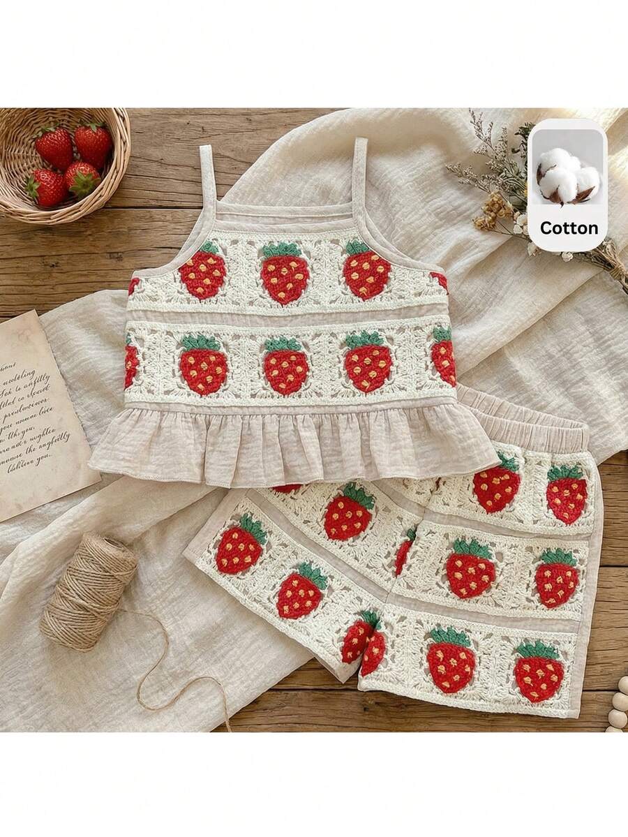 Loomiva 女婴草莓丝带吊带背心和松紧腰短裤两件套 - 彩色 - 查看 1