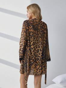 HautHeat Women's Sexy Leopard Print Contrast Lace Camisole Dress And Robe Sleepwear Set - Coffee Brown - View 4