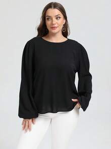 SHEIN LUNE Áo cánh mùa thu thanh lịch giản dị hở lưng giống lụa nhăn cỡ lớn cho nữ - màu đen - Xem 5