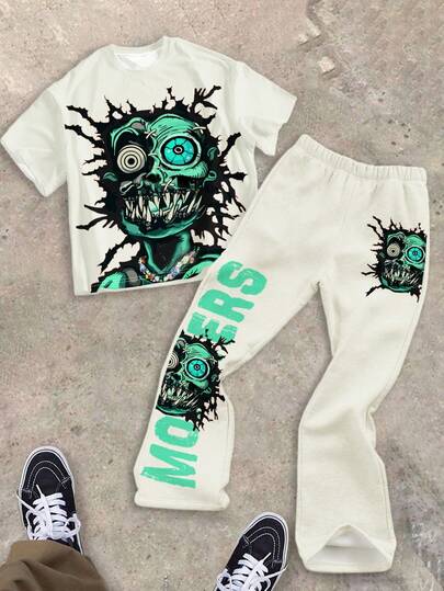 Tween Boy Casual Comfortable Fashion Minimalist Round Neck Short Sleeve T-Shirt And Flare Pants Set, Youth Street INS Best-Selling Green Big Eyed Character Oversized Pattern Lettering Double-Sided Print Loose-Fit Short Pants And Short Sleeve Stand-Up Collar T-Shirt Set