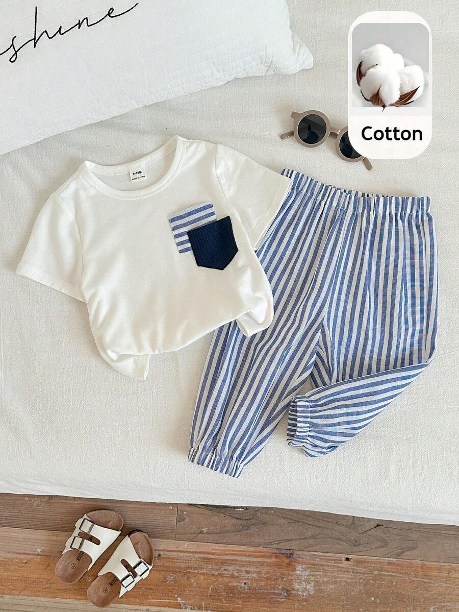 SHEIN Set de 2 piezas de camiseta de manga corta casual y pantalones a rayas de cintura elástica para niño pequeño, conjunto de verano - Multicolor - Ver 1