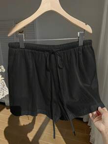 Comfortcana Black Casual Loose Drawstring Solid Color Comfortable Plus Size Shorts, Spring/Summer - Black - View 5