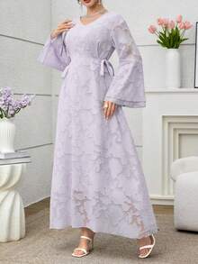 Yasmyna 女士V领提花扭腰优雅长裙，适合派对和聚会 - 灰色 - 查看 4