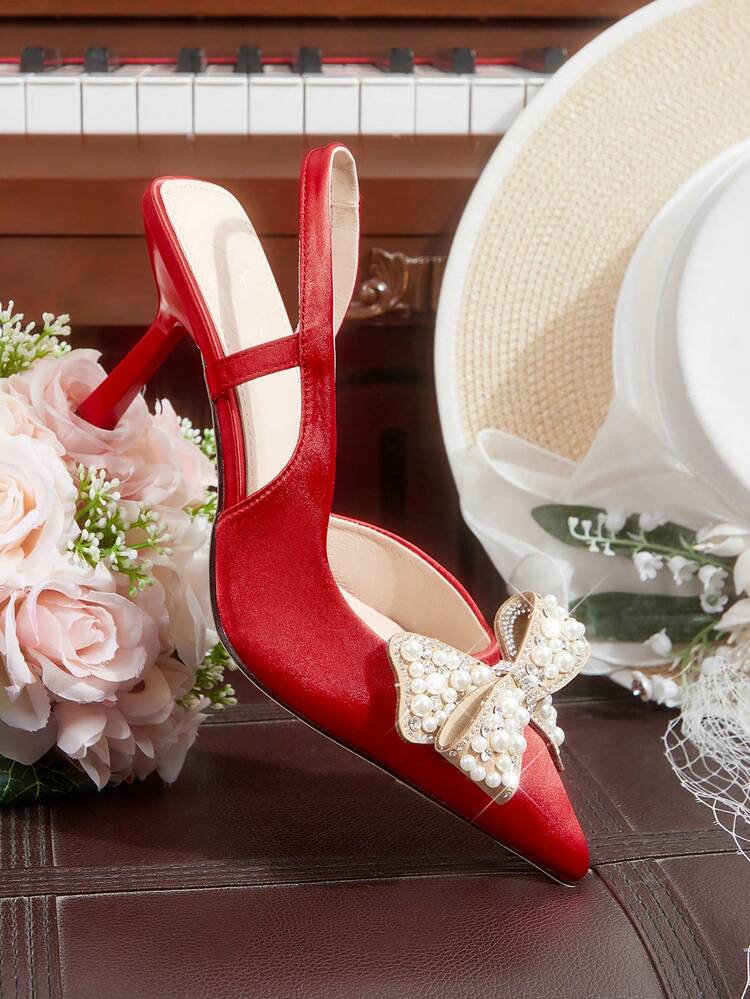 CUCCOO HITCHD Women's Pointed Toe High Heel Shoes, Spring/Summer New Arrival, Crystal & Pearl Bow Decor, Red Satin, Comfortable & Elegant, Suitable For Weddings, Parties, Formal Occasions