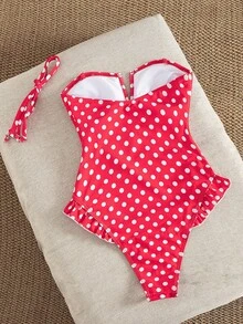 SHEIN Swim Mod Áo tắm liền thân cổ chữ V họa tiết chấm bi, dây đeo rời, trang trí bèo nhún, dành cho nữ, thích hợp cho kỳ nghỉ hè. - Đỏ và trắng - Xem 2