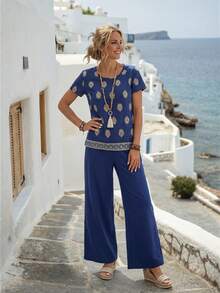 EMERY ROSE 2件套女士印花短袖休闲上衣和直筒裤，春夏 - 寶藍色 - 查看 5