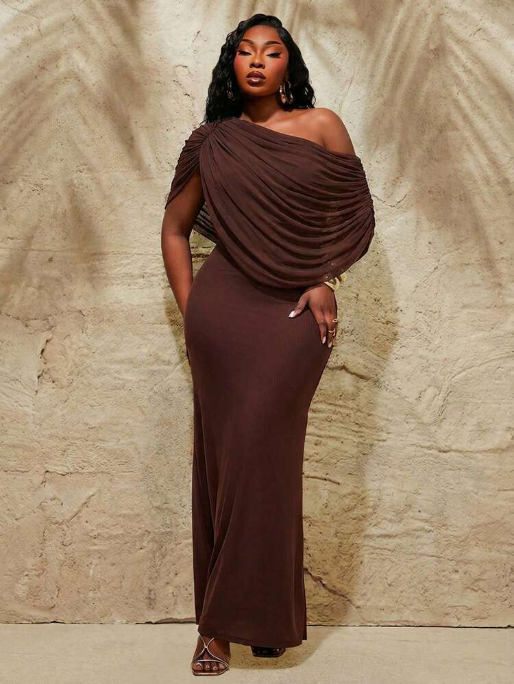 Vestido largo asimétrico y drapeado de moda casual y elegante para mujer de talla grande, para primavera/verano. Vestido de noche formal y elegante hasta el suelo, tipo diosa, para ocasiones especiales como bodas y eventos - Marrón - Añade 4