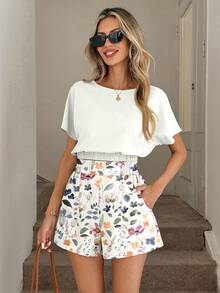 SHEIN LUNE Set de 2 piezas de top corto y shorts con estampado floral y patrón geométrico abstracto, cómodo para vacaciones y elegante para ir al trabajo, primavera/verano - Multicolor - Ver 5