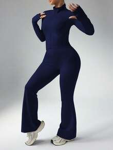 Slayform Women's Plus Size Casual Zip-Up Jacket With Thumb Hole & High Waist Flare Pants 2 Pieces Set Long Sleeve Set Yoga Set Flare Set Sport Set Long Sleeve Jumpsuit Yoga Jumpsuit Flare Jumpsuit Sport Jumpsuit Jumpsuit For Women - Navy Blue - View 3