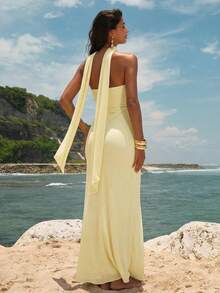 Opulessa Đầm ôm sát in họa tiết lưới dệt kim dành cho nữ - Vàng nhạt - Xem 2