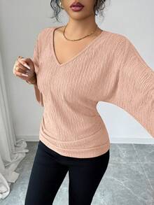 SHEIN Elenzya Áo kiểu nữ cổ chữ V dáng rộng, thiết kế nhún bèo, chất liệu vải có họa tiết, kiểu dáng tôn dáng, thích hợp cho sinh nhật, hẹn hò, tiệc tùng, Ngày Nhà giáo, Ngày Độc lập, tay ngắn. - Hồng - Xem 3