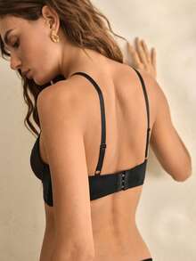 Charlaine 1pc Black Lace Patchwork Deep V Wireless Bra For Women - Black - View 4