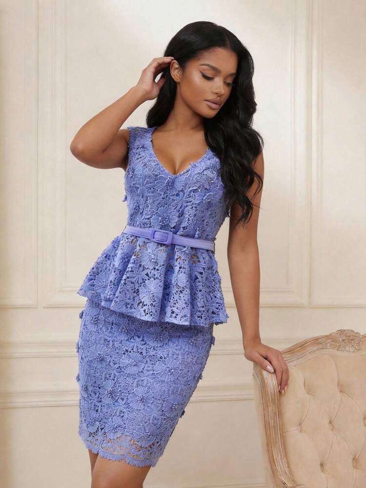 Women's 2-Piece Set, Elegant Lace Embroidered V-Neck Top And Slit Hem Skirt, Suitable For Parties And Gatherings