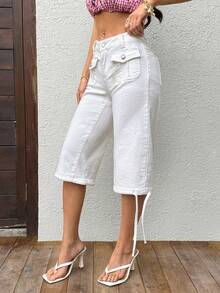 Sunnyshic 女士纽扣口袋扭褶休闲百搭日常牛仔裤 - 白色 - 查看 3