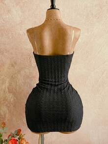 Soleia Women's Black Summer Techno Rave Elegant Bohemian Textured Drawstring Metal Decor Ruched Mini Dress For Vacation,Beach Wedding Guest,Music Festival - Black - View 2